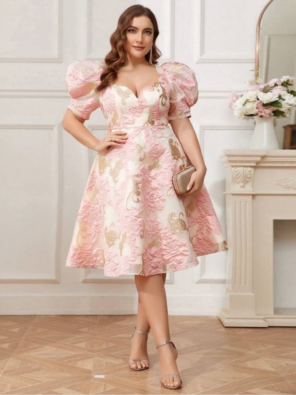 NWT Elegant Pink & Gold Puff-Sleeve Fit-and-Flare Dress - 0XL